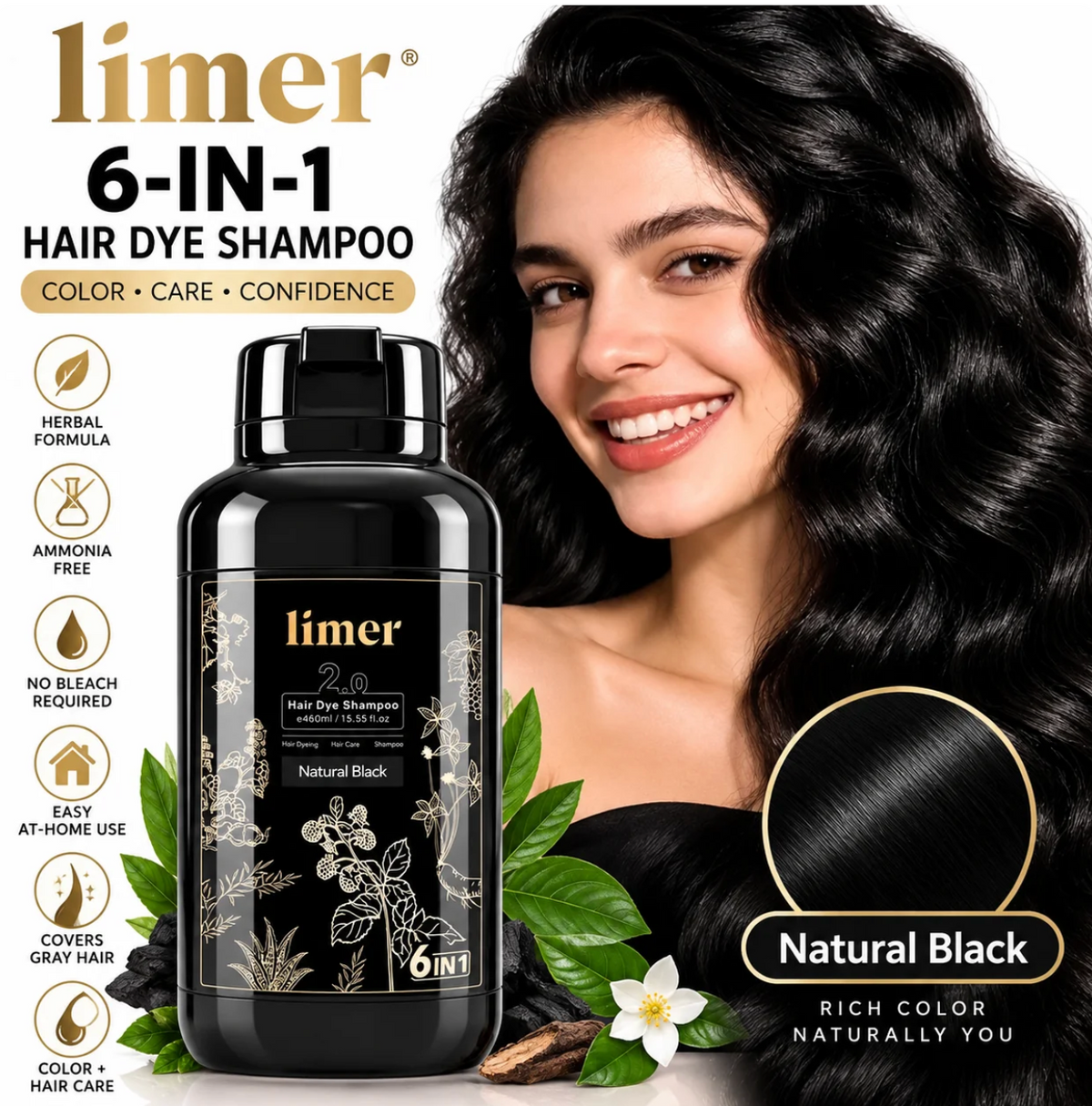 Limer 6 en 1 - Champú Tinte para Canas l Coloración fácil en casa