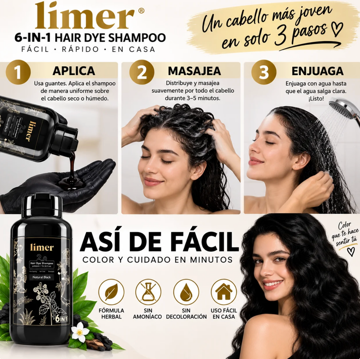 Limer 6 en 1 - Champú Tinte para Canas l Coloración fácil en casa